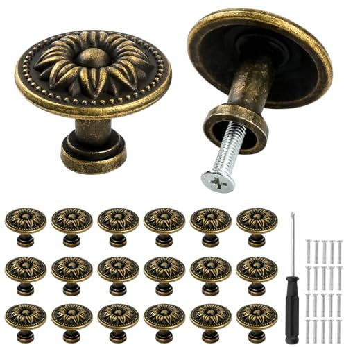 JINGIHE 20 piezas de pomos para armario vintage, pomos redondos de 30 mm de bronce para muebles, tiradores vintage con tornillos de 25 mm, tiradores para cajones, cocinas, baños, armarios, pomos para