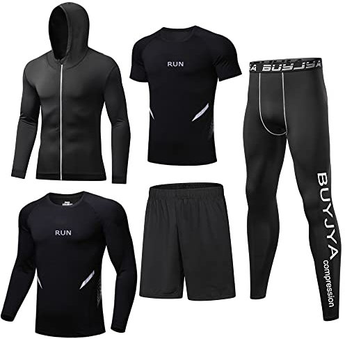 BUYJYA 5Pcs Men's Compression Pants Shirt Top Long Sleeve Jacket Athletic Sets Gym Clothing Mens Workout
