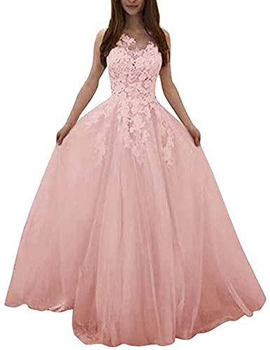 Onsoyours Robe de mariée Femme Élégant Dentelle Col V Dos Nu sans Manches Robes Longue de Nuptiale Soirée Princesse Demoiselle d'honneur A Rose S