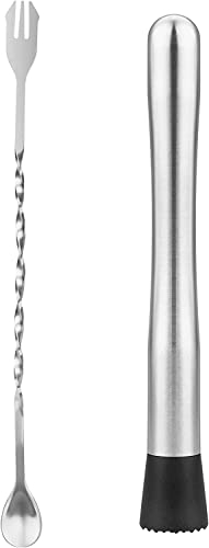 Pestello da Cocktail e Cucchiaio da Cocktail in Acciaio Inox, 25cm Martello per Ghiaccio Tritato e 26cm Cucchiai per Miscelare per Mojito e Bevande a Base di Frutta (Set di 2)