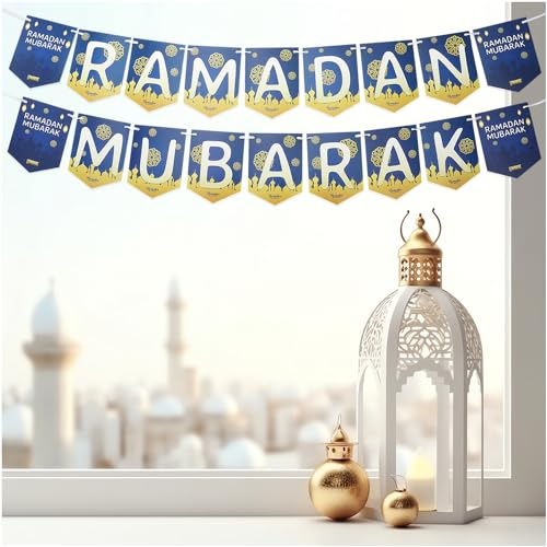 Lunarae Ramadan Mubarak-girlang i guld och blå I dubbel ramadan banderoll, dekoration RAMADAN MUBARAK, I 2 x 3 m, bokstäver I Ramadan dekoration 2025, I ramadan, dekoration, Ramadan,