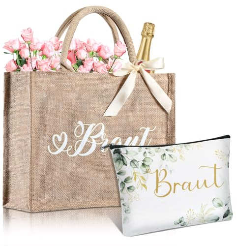 Ylinge 2er Set Jute Braut Tragetasche mit Leinwand Braut Kosmetiktasche, Braut Einkaufstasche Braut Tote Bag Braut Make Up Tasche, Geschenk für JGA Hochzeit Brautparty Strand Verlobung Flitterwochen