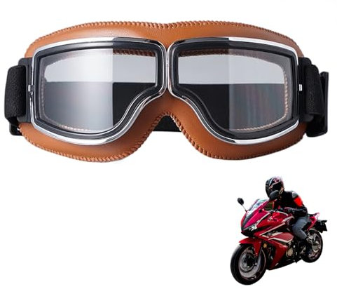 Motocross Brille Windproof Motorcycle Goggles, Vintage Adjustable PU Leder Sonnenbrillen, Retro Radbrille, Helmbrille, Crossbrille, Mountainbike Brille, Fahrrad Brille, (Braunes Leder + klare Gläser)