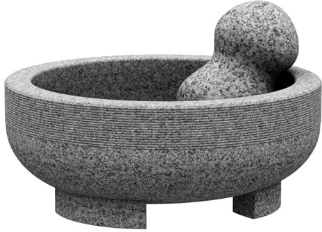 Mortero grande – 4 tazas de granito sin pulir molcajete mexicano molcajete molinillo de piedra hecho a mano para pasta de guacamole pestos en el día de la familia, mortero y mortero, gris, 8 pulgadas