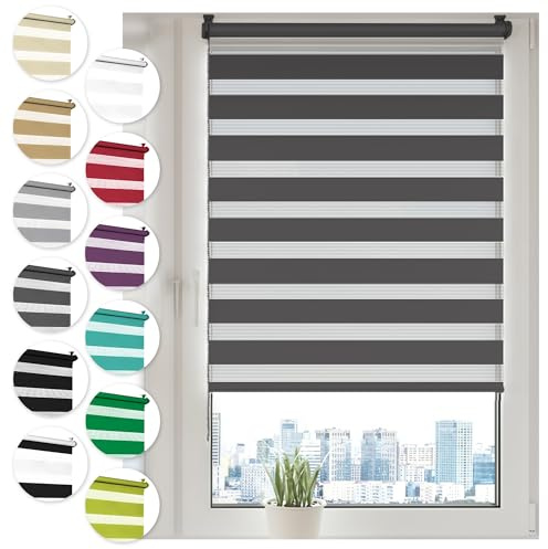 Doppelrollo Klemmfix ohne Bohren 60cm x 210cm Anthrazit Duo Rollo Klemmrollo Sonnenschutzrollo Fensterrollo für Fenster & Türen Zebrarollo Seitenzugrollo