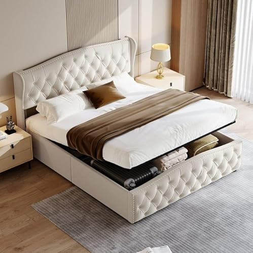 Cama Tapizada 140x200 cm con Canapé Abatible y Somier, Estructura de Cama Doble de Terciopelo con Espacio de Almacenaje, Cabecero Ondulado con Remaches, Soporta 250 kg, Blanco Crema (Sin Colchón)