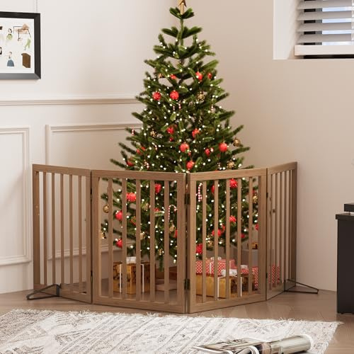Dog Gates for Doorways, Foldable Dog Gate Indoor, Freestanding Pet Gates for Doorways Bedroom, Puppy Gate with Metal Support Feet, Room Divider,4 Panels (Dark Walnut)