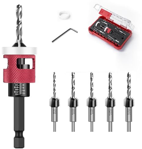 Juego de 5 brocas avellanadas para madera con tope de profundidad, avellanador para madera con vástago hexagonal de 1/4 pulgadas, de HSS-M2, orificios precisos, para taller de carpintería