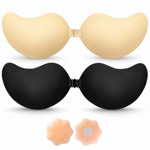 BLOOMORA Sticky Bra Push Up – Backless Bra, 2 Pair Invisible Adhesive Strapless Bras with Clip, Black & Beige Sticky Bras for Dresses & Wedding - B Cup