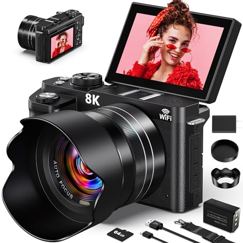 8K Digital Camera - 88MP WiFi Cameras for Photography - Autofocus Vlogging Camera for YouTube with 3 180° Flip Screen, 18X Zoom - UHD Video Camara for Beginner Photographer with Lens Hood, 64GB Card