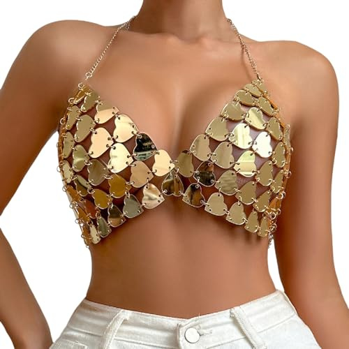 Top de corte brillante con lentejuelas para mujer, cuello en V, cadena para el cuerpo, sujetador sexy, cuello halter, espalda descubierta, parte superior con borlas, festival, carnaval, discoteca