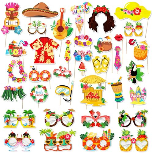 38 Piezas Accesorios para Fotos Hawaianas, Accesorios Fotos Verano con Gafas Fiesta Papel, Accesorios Fotos Temáticos para Fiesta Playa Aloha Decoración