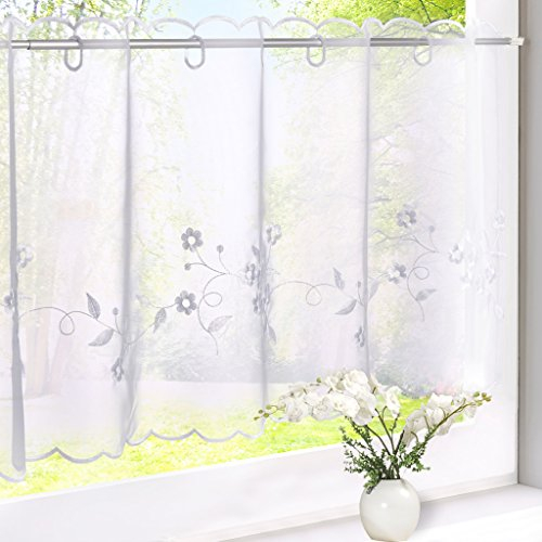 HongYa Voile Scheibengardine Transparenter Cafe Vorhang Kurzstore mit Blüten-Stickerei H/B 45/120 cm Weiß