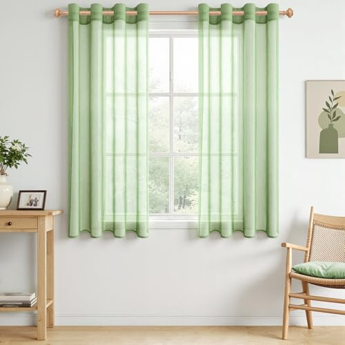 CUTEWIND Cortinas Cortas para Ventanas Cortinas Salon Modernas Dormitorio Juvenil Verdes 2 Piezas 140x137 cm, Cortina Visillo Transparente con Ojales para Cocina Comedor Salón