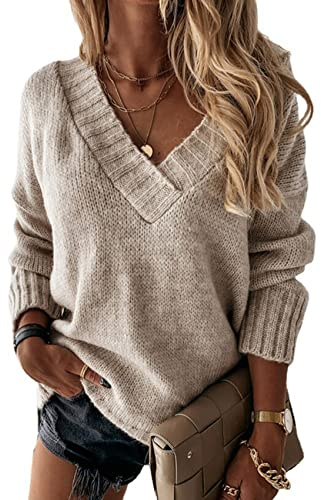 WHZXYDN Dam höst och vinter ny enfärgad tröja dam V-ringad långärmad pullover tröja topp, Khaki, M