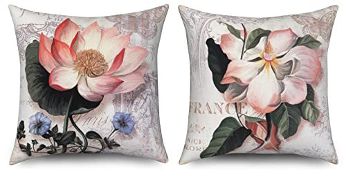ASDCXZ Blume Kissenbezug 40x40 cm 2er Set, Frühling Retro Rose Weiß Blume Sofa Kissen Bezug Dekokissen Kissenbezüge Kissenhülle Waschbar Polyester Flachs Textil Outdoor Polster Kopfkissenbezug