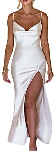 FeMereina Women Summer Sexy Cowl Neck Spaghetti Strap Sleeveless Long Satin Dress Slit Club Slip Maxi Dress Wedding Guest Cocktail Midi Dresses (White, S)