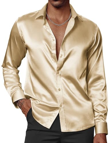 PJ Paul Jones - Chemise en Satin Brillant à Manches Longues avec nœud Papillon pour Homme, doré, Taille L