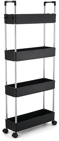 QIUFEN 4 Ebenen Küchenwagen, Servierwagen mit Rollen, Kunststoff Rollwagen schmal, Nischenregal mit Griff, Haken, Platzsparend Aufbewahrungsregal für Badezimmer, Küche, Büro, Schwarz