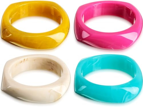 Landical 4 Pcs Colorful Square Acrylic Resin Bangle Bracelet Wide Geometric Irregular Wristbands Women(Bright Colors)