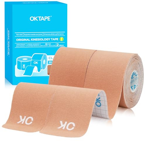 OK Tape Kinesiology Tape 25cm Pretagliato, 40 Strisce, Elastico Nastro Sportivo Per La Pelle, Adatto Per Ginocchia, Caviglie, Gomiti e Spalle (2 Rotoli,Beige)