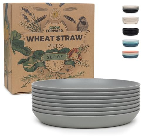 Grow Forward Premium Wheat Straw Plates - 8 Inch Reusable Hard Plastic Dinner Plates Set of 8 - Unbreakable Microwave Safe Plates for Dessert, Camping, RV, Outdoors, Patio, Kitchen Dishes - Feather