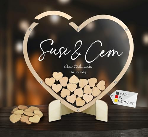 Gästebuch aus Holz und Acrylglas transparent zur Hochzeit, personalisiert, Wunschgravur, inkl. Herzen