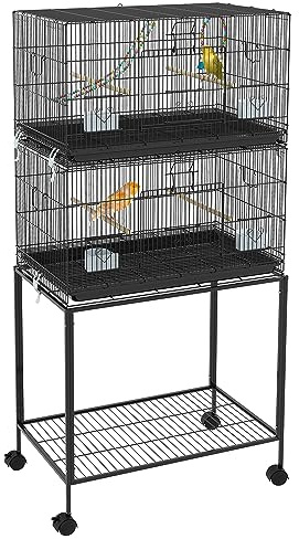 PawHut 2 Tier Bird Cage, Budgie Cage with Stand, Swing, Rope, Ladder, Wheels, Shelf, Tray, Perches, Food Containers, for Canaries, Lovebirds, Finches