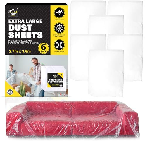 SOL 6pk Extra Large Dust Sheets - 3.6x2.7m Heavy Duty Plastic Sheeting for Painting, Decorating, Furniture & Floor Protection - Thick Durable Plastic Cover Sheets for DIY & Renovation