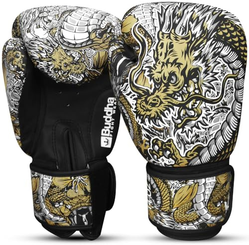 BUDDHA FIGHT WEAR - Dragon vita boxningshandskar designade för träning och sparring i Muay Thai Kickboxing Fitness - herr och dam - 40 ml