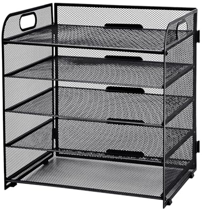 Hotyin Organizer da Scrivania, Vassoio Portadocumenti a 5 Ripiani, Portadocumenti in Rete con Maniglia, Organizer per Cartelle A4, Nero