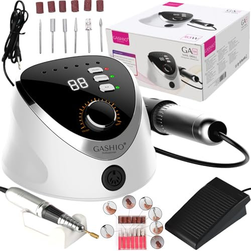 GASHIO® Fresa de uñas para uñas de gel, 65 W, profesional, lima de uñas eléctrica para uñas de gel, 35 000 rpm, con un juego de cortadores de galletas y pedal de pie, manicura y pedicura, juego