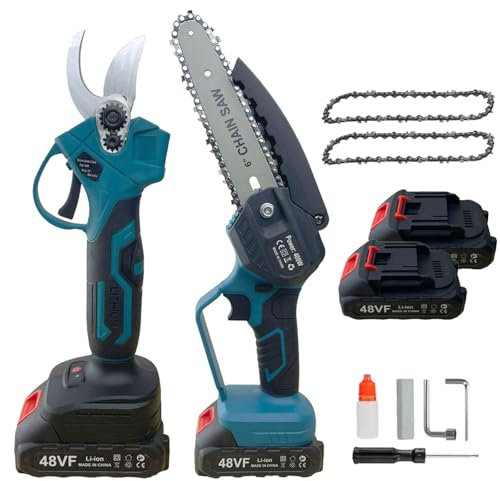 K2 STORE Kit Potatura a Batteria 2 in 1 – Forbici e Mini Motosega 6 con 2 Catene 6 Pollici, Ideale per Giardino, Rami, Arbusti e Vigneto