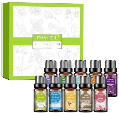 PHATOIL Fragrance Oil Set for Diffusers, Humidifier, DIY Candle, Soap, Essential Scent Oils Set with White Musk, Coconut&Vanilla, Fresh Linen, Sea Breeze, Baby Powder, Mandarin, Freesia, 10Pcs x 10ml