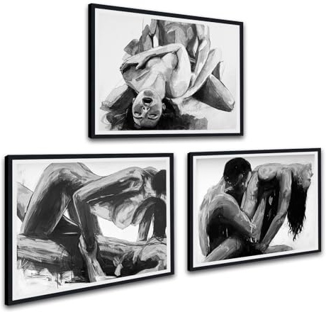 Romantic Large Framed Wall Art Set Black and White Pictures Woman Man Painting Canvas Prints Home Decor for Bedroom Bathroom Laundry Wall Decoration Ready to Hang 24x36inchx3Pcs BLACK