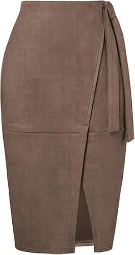 Kate Kasin Women's Business Casual Faux Suede Skirt High Waisted Below Knee Length with Wrap Design and Side Tie Coffee XL