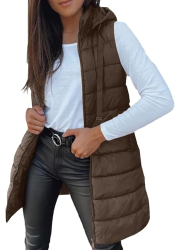 Chaleco Mujer Largo Invierno Acolchado Chaqueta sin Mangas Algodón Chalecos Largos Casual Moda Abrigo con Capucha Abrigos De Invierno Termico Parka Cálido Talla Grande Outwear con Cremallera Otoño