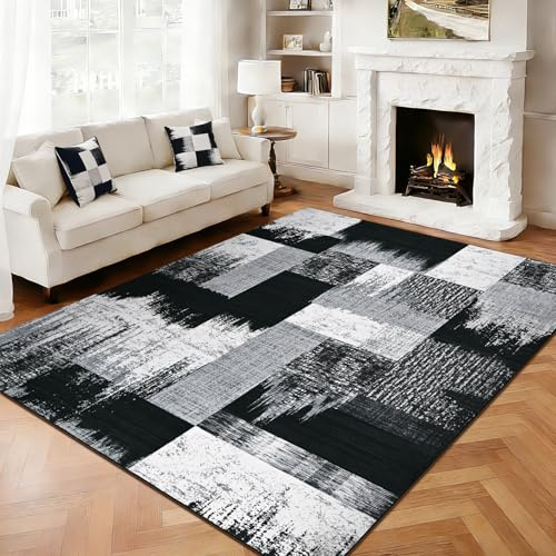 Alishomtll Black Grey Rug, Modern Geometric Rug, Washable Carpet 160x230cm | Soft Faux Wool Large Area Rug, Non-Slip TPR Backing Carpet, Durable Easy Clean Runner for Living Room Bedroom Entryway Hotel
