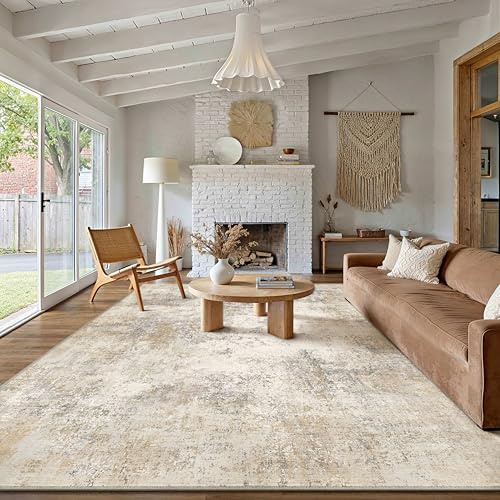 PureCozy Abstraktes Teppich Wohnzimmer 200x300cm rutschfest Kurzflor Kunstwolle Schlafzimmer Teppich Waschbar Minimalistisch Bettvorleger Teppiche für Wohnzimmer Schlafzimmer Indoor,Beige&Braun
