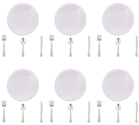 HEMOTON Set de Vajilla en Miniatura para Casas de Muñecas, 6 Juegos de Cubiertos y Platos Decorativos, Accesorios para Cocina de Juguete, Adecuado para Bricolaje y Decoración de Minicasas