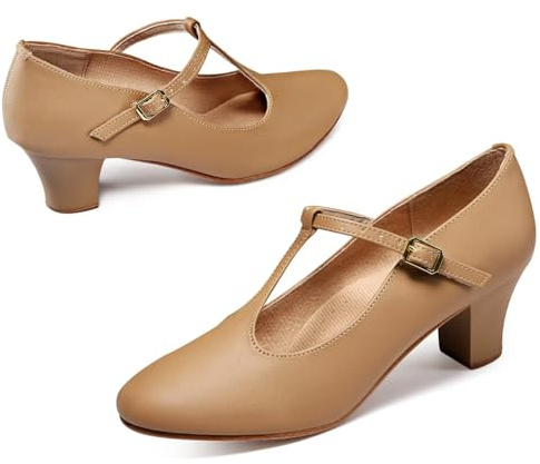 Asyusyu T Bar Character Dance Shoes for Women 2 inch Heel Ballroom Latin Dance Shoes-Tan, 5 UK