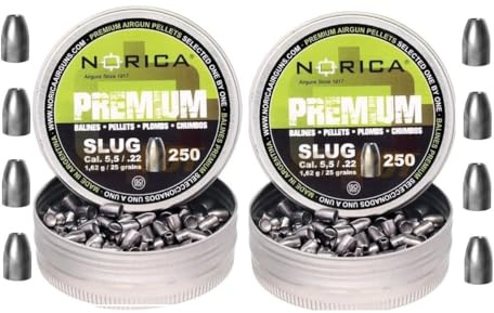 Pack 2 Cajas de Balines Tipo Slug Calibre 5.5mm (.22) - 1,82 Gramos / 25 Grains - Perdigones de Alta Precisión para Aire Comprimido y PCP - 500 Unidades (2x250) - Diseño Aerodinámico Premium