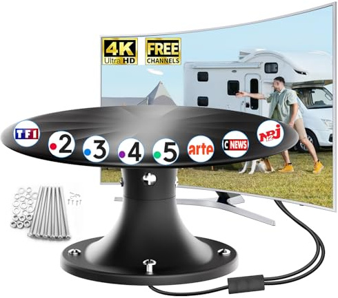 2026 Antenne TV Camping-Car Amplifiée – Réception Longue Portée 360°, TNT HD 4K DVB-T/T2, Antenne TV Extérieure pour Camping-Car et Caravane, Résistante aux Intempéries