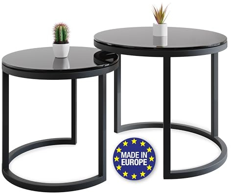 Lumarc Modena, Couchtisch 2er Set aus Gehärtetem Glas und Stahl, Handgefertigt in Europa, Beistelltisch, Wohnzimmertisch, Coffee Table, Schwarz, Rund, Ø50x43 cm / Ø40x38 cm