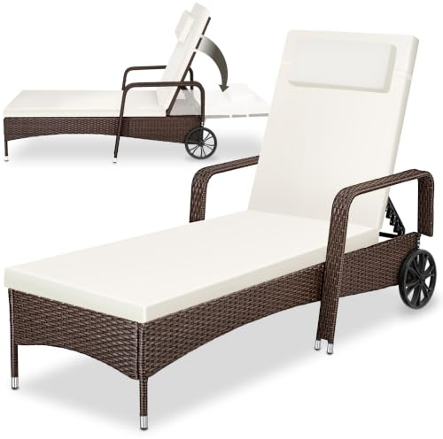 tectake® Chaise Longue Bain de Soleil en Resine Tressee Résistant Inclinable avec Roulettes Transat Salon de jardin exterieur Mobilier de Jardin Chaise Longue Piscine Plage - Marron Marbré