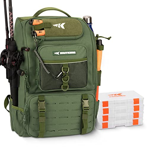 KastKing KarryAll Fishing Backpack with Rod Holder 4 Tackle Boxes, Green