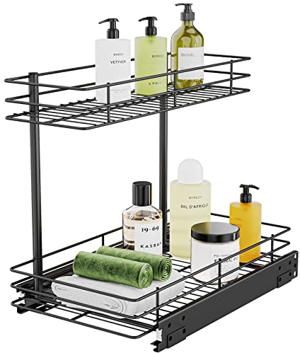FANHAO 2 Ebenen Unter Spüle Regal, Metall Unter dem Waschbecken, Unterschrankregal, Badregal, Ideal für Küche zu Hause Aufbewahrung (Matt-schwarz)