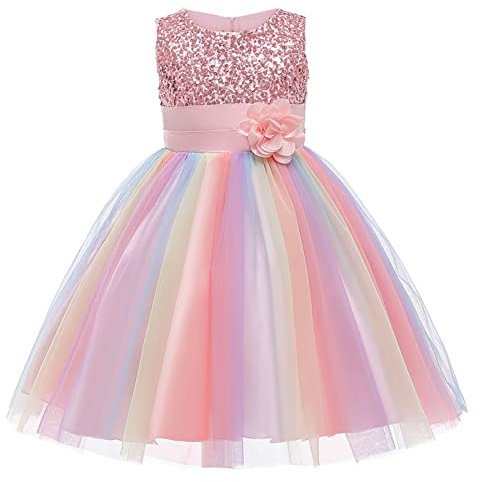 M MUNCASO Girls Princess Dress Sequin Tulle Flower Rainbow Round Collar Sleeveless Formal Dress Birthday Party Wedding Bridesmaid Girl Evening Dresses Toddler Baby Age for 2-13 Years