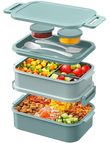 WayEee Lunch Box Adults,2130ml Large Capacity Bento Lunch Box with Compartments, 3 Layers Leak-Proof Bento Box for Office, School(Green)
