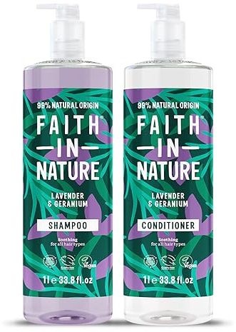 Faith In Nature 2 x 1L Natural Lavender & Geranium Shampoo and Conditioner Set, Nourishing, Vegan & Cruelty Free, No SLS or Parabens, For Normal to Dry Hair